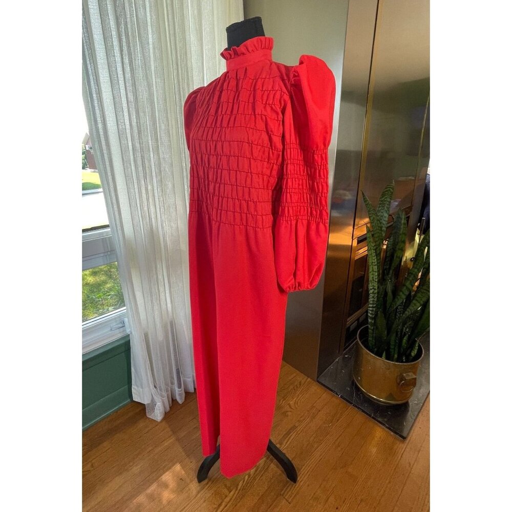 Vintage 70s red dress, smocked bodice with long sleeves, ankle length, 10/12 (L)